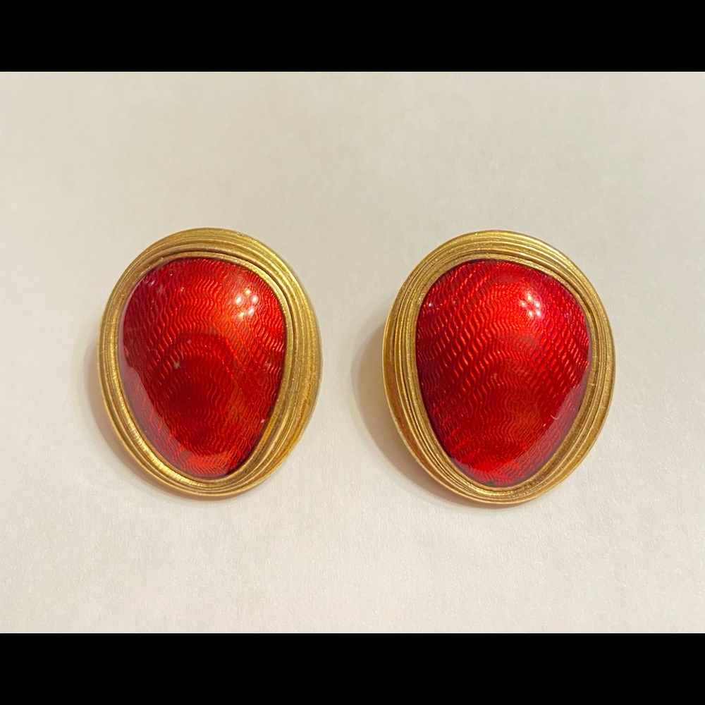 Berebi Vintage Oval Red Enamel Earrings with Gold Trim. Clip On.